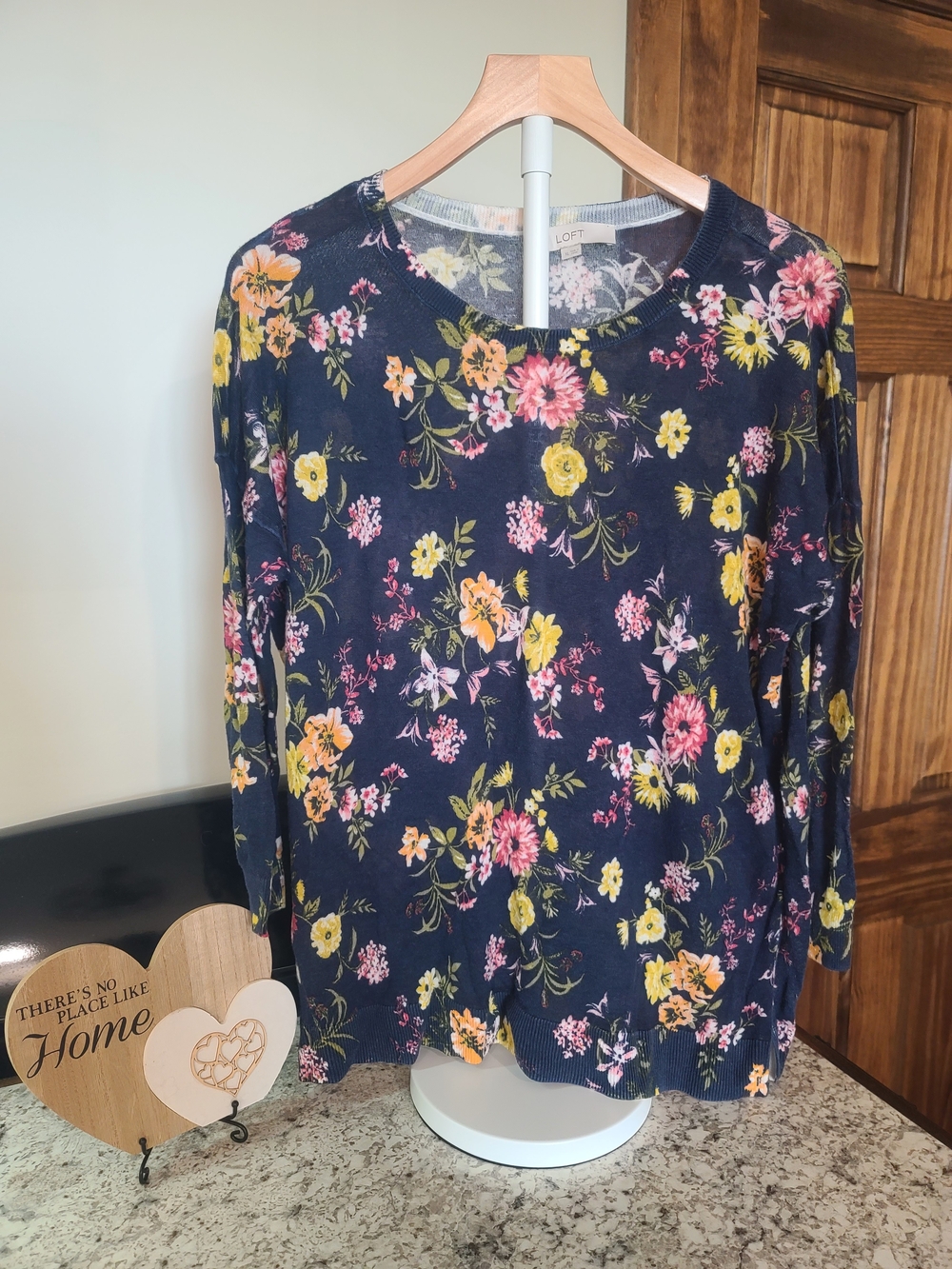 LOFT Navy Floral Pullover Sweater with Pink and Yellow Blooms